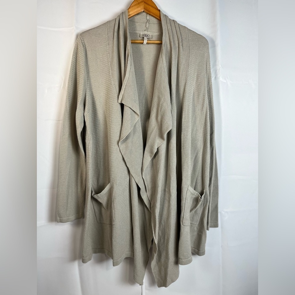Logo By Lori Goldstein Womens Open Cardigan Cotton Rayon Blend Beige Size L